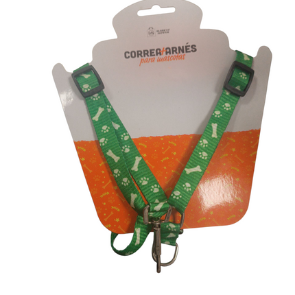 Correa y Arnés para Mascotas Market Suprem – Verde con Huellas y Huesos