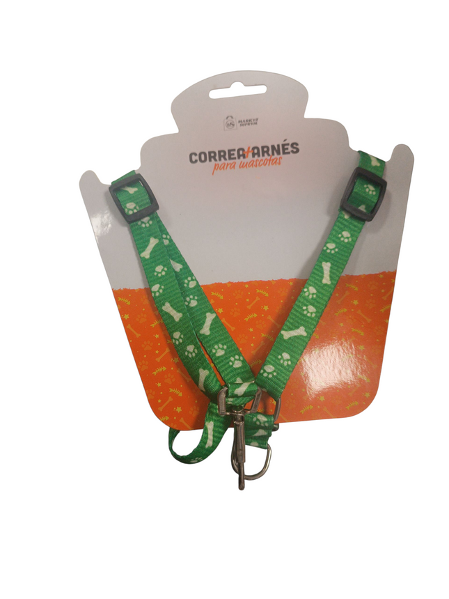 Correa y Arnés para Mascotas Market Suprem – Verde con Huellas y Huesos