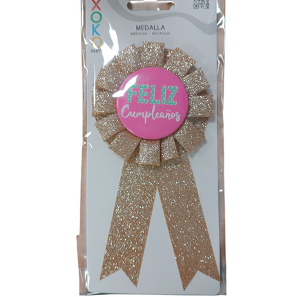 Medalla “Feliz Cumpleaños” Dorada con Brillo - Xoko Party