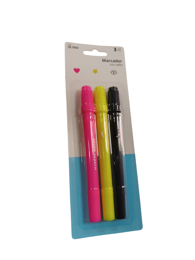 Pack de 3 Marcadores Market Suprem con Sello (Rosa, Amarillo y Negro)
