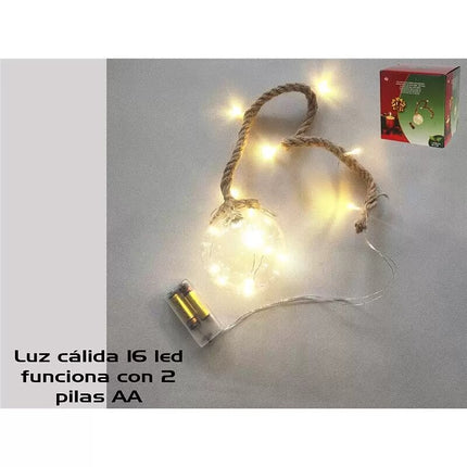 Bola con 16 LED Blancos y Cuerda para Colgar Gerimport – Luz Cálida a Pilas (12cm)