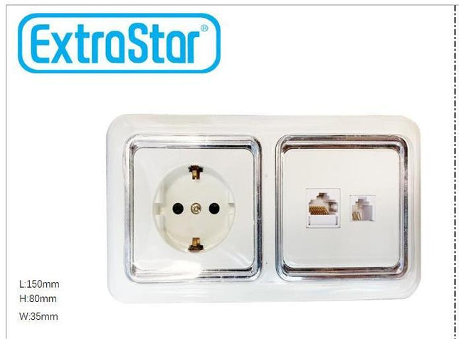 Conjunto de Enchufe, Teléfono y Datos Empotrable ExtraStar - Diseño Moderno en Blanco