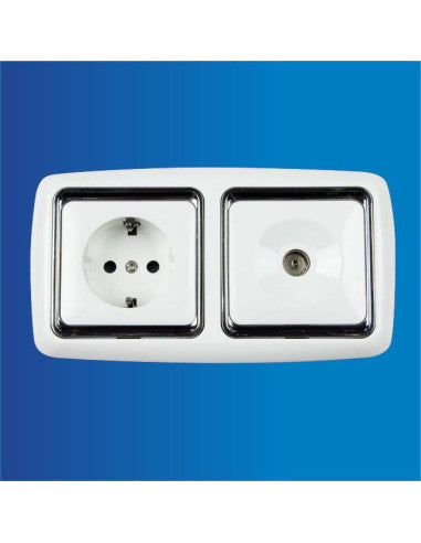 Conjunto de Enchufe y Toma de Antena Empotrable - Acabado en Blanco Brillante