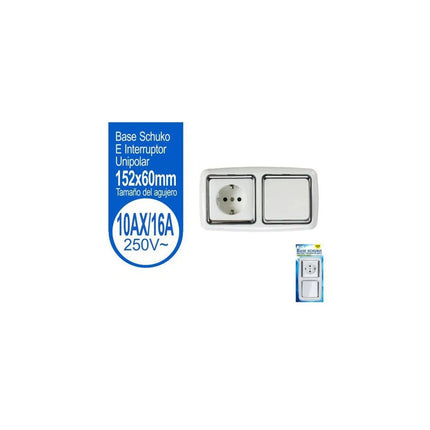 Conjunto Empotrable de Base Schuko e Interruptor Unipolar - Acabado Blanco y Cromo