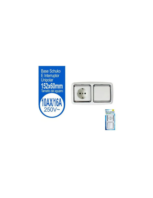 Conjunto Empotrable de Base Schuko e Interruptor Unipolar - Acabado Blanco y Cromo