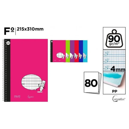 Cuaderno Espiral Cervantes Folio – Tapa PP y Cuadrícula Pautada 4mm (80 Hojas)