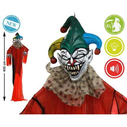 Payaso Bufón Colgante Gigante de 4 Metros con Luz y Sonido – Decoración Terrorífica para Halloween