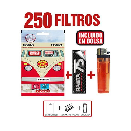 Bolsa Boquillas 250 UND 6MM + Librito 75MM + Mechero Rasta