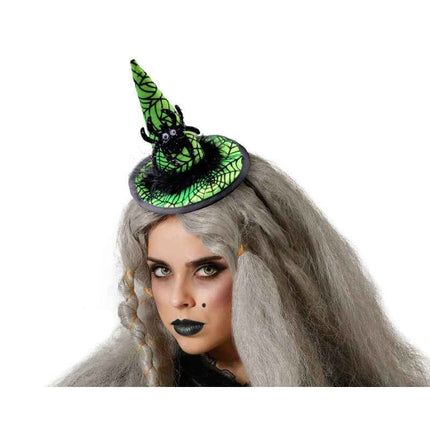 Diadema con Mini Sombrero de Bruja Verde y Araña