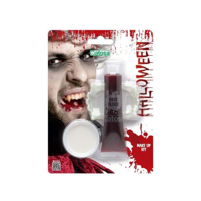 Kit de Maquillaje de Halloween – Sangre Falsa, Maquillaje Blanco y Dentadura de Vampiro - Bubaa