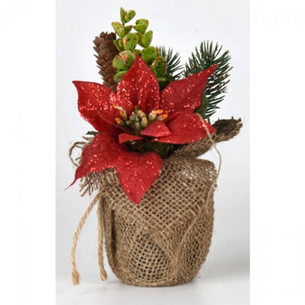 Maceta Decorativa Navideña con Flor de Pascua y Glitter Rojo (17 cm)