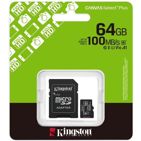 Tarjeta de Memoria Kingston microSD 64GB microSDXC Gen3 100MB/s A1 con Adaptador