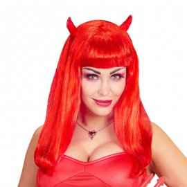 Peluca de Demonio Roja con Cuernos – Melena Lisa con Flequillo