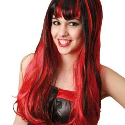 Peluca Larga de Vampiresa y Rockera – Roja con Mechas Negras