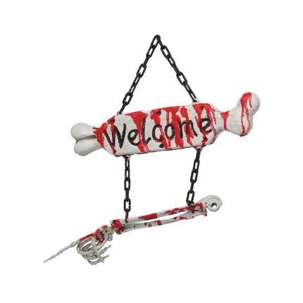Placa Colgante "Welcome" con Hueso y Brazo Esqueleto Ensangrentado – Decoración Halloween (28x42 cm)